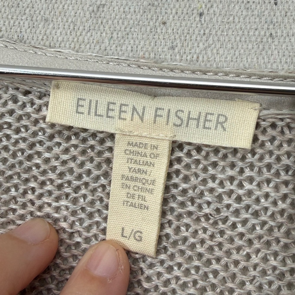 Eileen Fisher Organic Linen Cardigan L Oatmeal Open Knit Coastal Minimalist - Picture 6 of 12